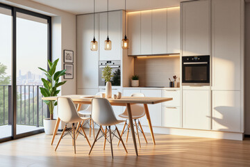 photo of a modern apartment kitchen with designer interior and furniture, luxury interior architecture design idea