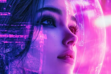 Futuristic Woman's Face with Neon Lights and Transparent Helmet