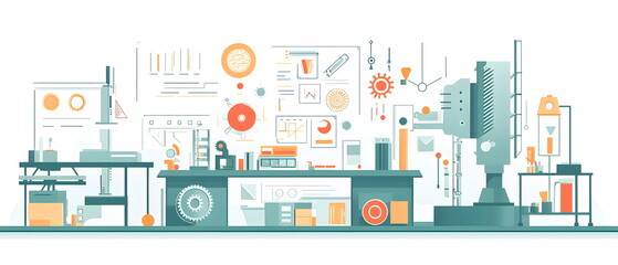 Naklejka premium A flat illustration of an industrial agency's logo design process, with design tools, drafts, and industrial elements like cogs and gears. Simplified, with a focus on creativity and precision