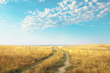 Obraz premium A wide, open prairie with tall grasses swaying gently in the wind under a big, blue sky