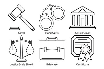 Law and Justice Icon Pack: Gavel, Handcuffs, Courthouse, Briefcase, Certificate - Perfect for Legal Apps and Designs