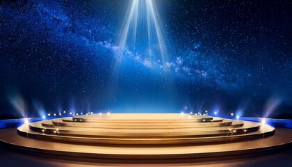 Illuminated Golden Stage with Blue Accents Under Starry Night Sky Ready for Performance, Celestial Ambiance, Night Show Concept