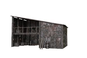 Post apocalypse wasteland shed built from scrap wood and metal. Isolated 3D illustration.