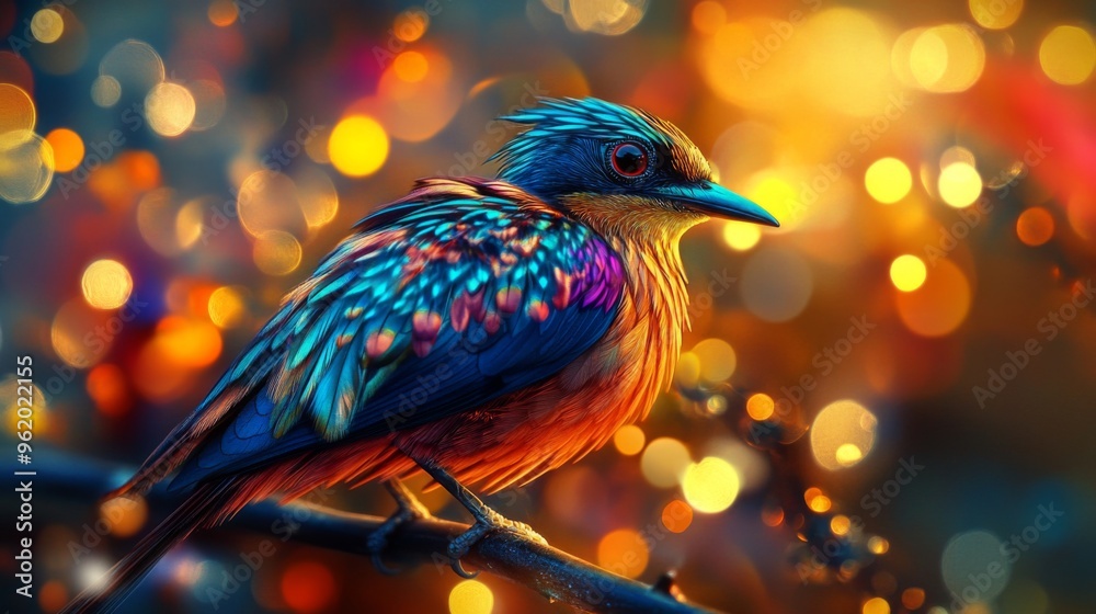 Poster Close-up of a striking bird with elaborate feather details, perched on a branch, with a background of abstract lights creating a captivating and artistic ambiance.