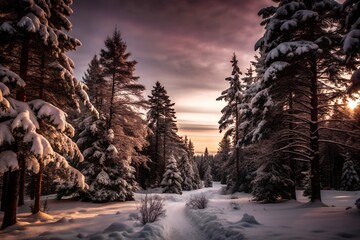 Snow-Covered Forest Clearing with Open Sky