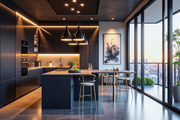 Fototapeta premium photo of a modern apartment kitchen with designer interior and furniture, luxury interior architecture design idea