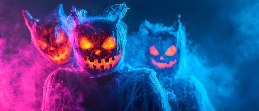 Neon Halloween costumes glowing under blacklight in a photography concept  Spooky eerie and surreal atmosphere with vibrant fluorescent colors creating a haunting and phantasmal scene