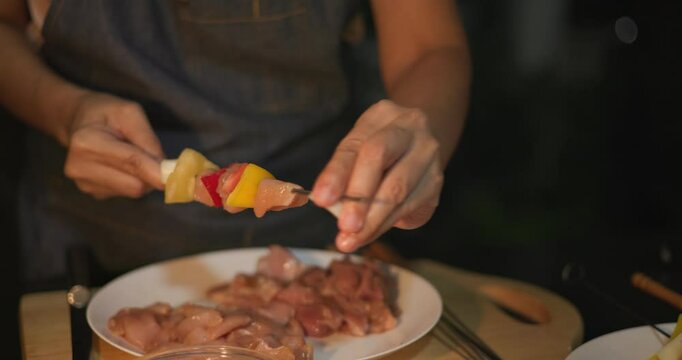 When preparing for a barbecue and grilling skewers for dinner, meat and vegetables are the main ingredients.