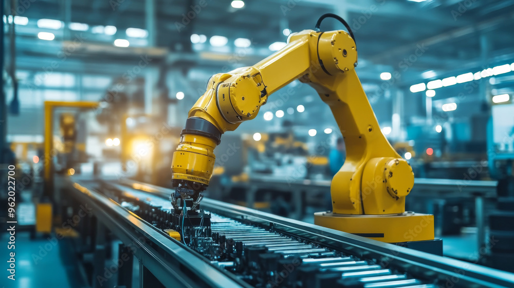 Poster a robot arm works on a conveyor belt in a factory. this automated system helps build machines effici