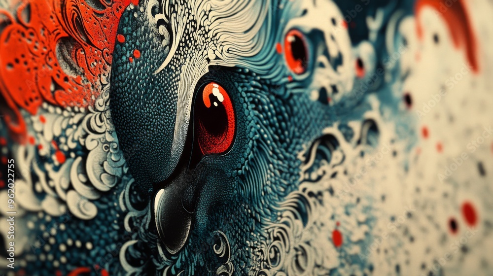 Poster Close-up of a stylish graphic with intricate patterns and contrasting colors, showcasing artistic design and attention to detail for visual projects