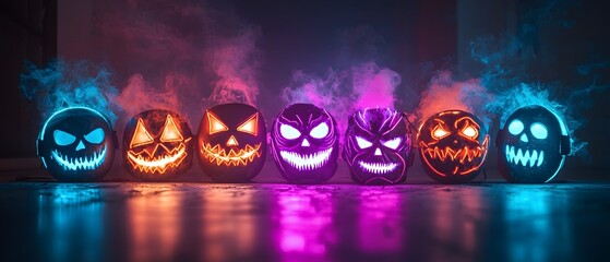Neon Halloween Masks Glowing in the Dark   Eerie and Spooky Photography Concept with Copy Space for Text  Surreal and Moody Atmosphere with Vibrant Colors and Contrasting Shadows