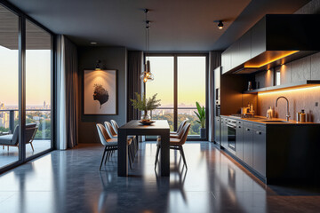 photo of a modern apartment kitchen with designer interior and furniture, luxury interior architecture design idea