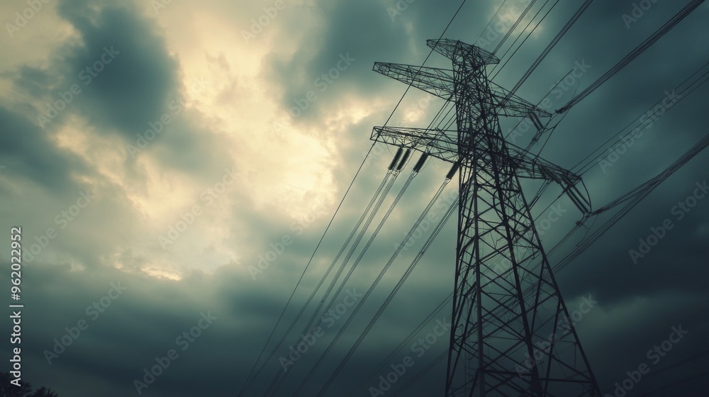 Poster close-up of a tall transmission tower with power lines, set against a dramatic cloudy sky, showcasin