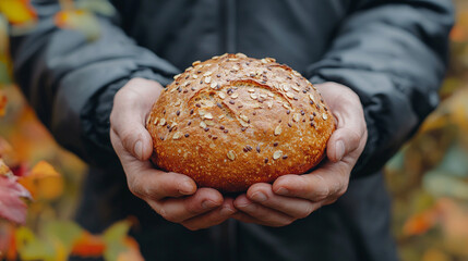 pair of volunteer hands offering bread to a homeless man in need. This image symbolizes kindness, generosity, and compassion, representing the essence of charity, hope, and humanity in difficult times