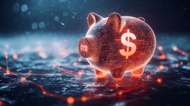 A glowing digital piggy bank with a dollar sign on a dark background.