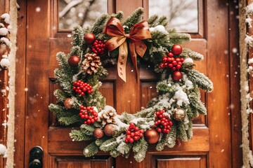 Blank Festive Wreath on Snowy Door