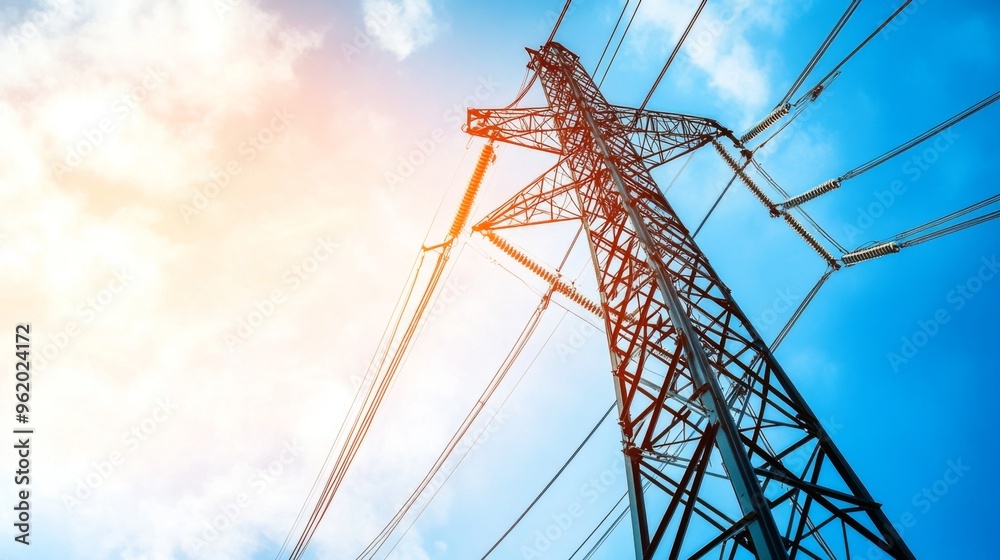 Poster Close-up of a towering electricity pylon with multiple power lines, emphasizing the robust construction and engineering of the electrical transmission system.