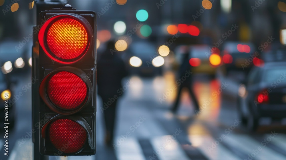 Poster close-up of a traffic light with a focus on the red signal and the reflective surface of the light, 