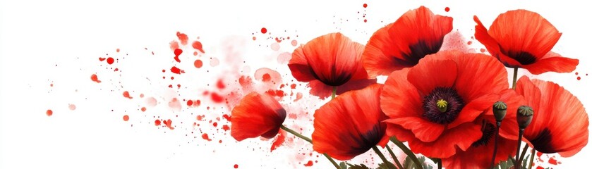 Obraz premium A vibrant bouquet of red poppies, symbolizing beauty and remembrance, set against a clean white background.