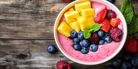 A vibrant bowl of mixed fruits featuring pineapple, strawberries, blueberries, and raspberries on a...