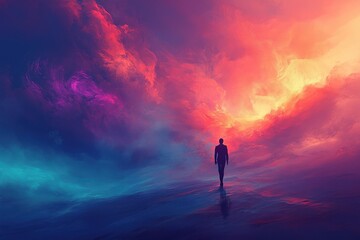Obraz premium A Solitary Figure Walking Towards a Vibrant Sunset Sky