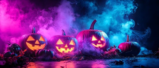 Glowing jack o lanterns and pumpkins aglow with vibrant neon lights creating a spooky and captivating atmosphere for a Halloween party or The scene is shrouded in mysterious smoke or fog