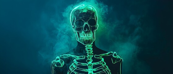 Glowing Neon Skeleton Costume with Supernatural Bones in Dark Moody Digital Photography Art  Surreal and eerie digital artwork depicting a spooky