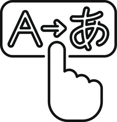 Finger is touching a button with a latin a transforming into a japanese character, concept of translation app