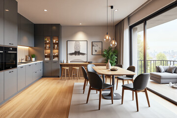 Fototapeta premium photo of a modern apartment kitchen with designer interior and furniture, luxury interior architecture design idea