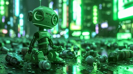 A futuristic robot sits amidst scattered litter on a neon-lit city street, its green metallic body glowing under the vibrant lights. The urban scene suggests a melancholic, dystopian atmosphere.