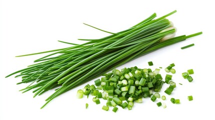 Obraz premium Vibrant Fresh Chives and Scallions on White Background for Culinary Presentations | Ideal for Salads and Cooking | PNG Transparency
