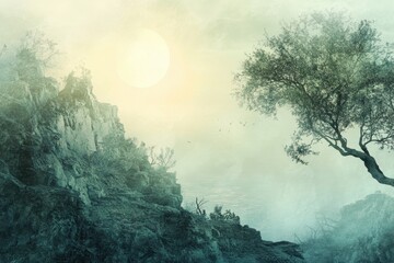 A Lone Tree Stands Against a Misty Cliffside with a Bright Circle in the Sky