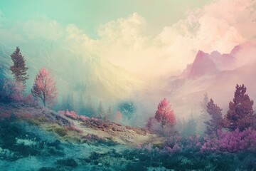 Mountainous Landscape with Pink Trees and Fog