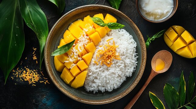 Mango sticky rice served in a bowl with coconut milk,  fresh mango, and shredded coconut on a rustic background.