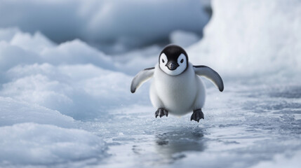 Fototapeta premium A baby penguin taking its first steps on the ice, looking determined but wobbly