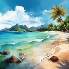 Serene Tropical Beach with Turquoise Water and Mountains in Watercolor Style, Capturing Relaxation and Natural Beauty