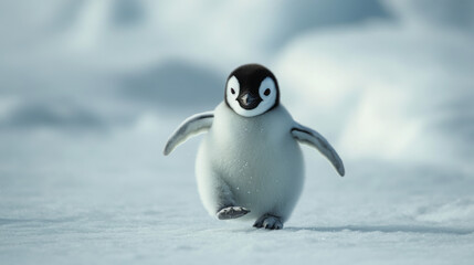 Obraz premium A baby penguin taking its first steps on the ice, looking determined but wobbly