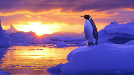Fototapeta premium A penguin standing on an iceberg, with a beautiful sunset reflecting off the icy waters
