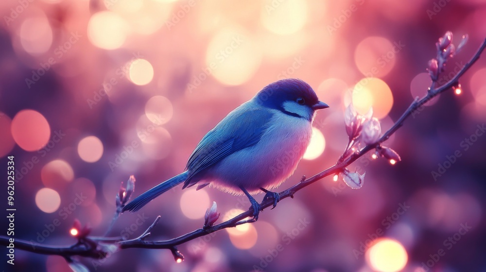 Poster Close-up of a vibrant bird perched on a branch, with a stunning, blurred background of colorful lights and bokeh effects creating a magical atmosphere.