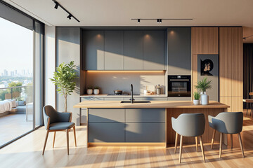 photo of a modern apartment kitchen with designer interior and furniture, luxury interior architecture design idea