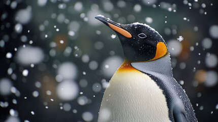 A penguin looking up at the falling snowflakes, appearing fascinated by the snowfall