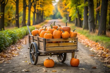 Wooden Cart Filled with Pumpkins on a Path