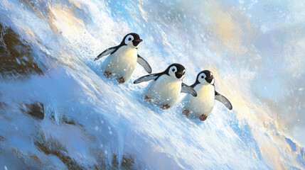 Fototapeta premium A penguin family sliding together down an icy hill, their feathers gleaming in the sunlight