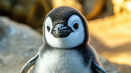 Naklejka premium A baby penguin with its head tilted to the side, giving a curious and adorable expression
