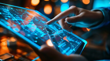 Fototapeta premium A person is using a tablet with a digital interface that is glowing blue.