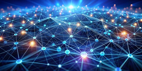 Interconnected Network of Glowing Blue Nodes, 3D Rendering, Abstract, Network, Connection, Technology