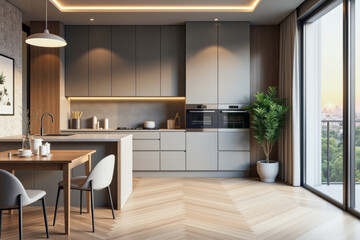 photo of a modern apartment kitchen with designer interior and furniture, luxury interior architecture design idea