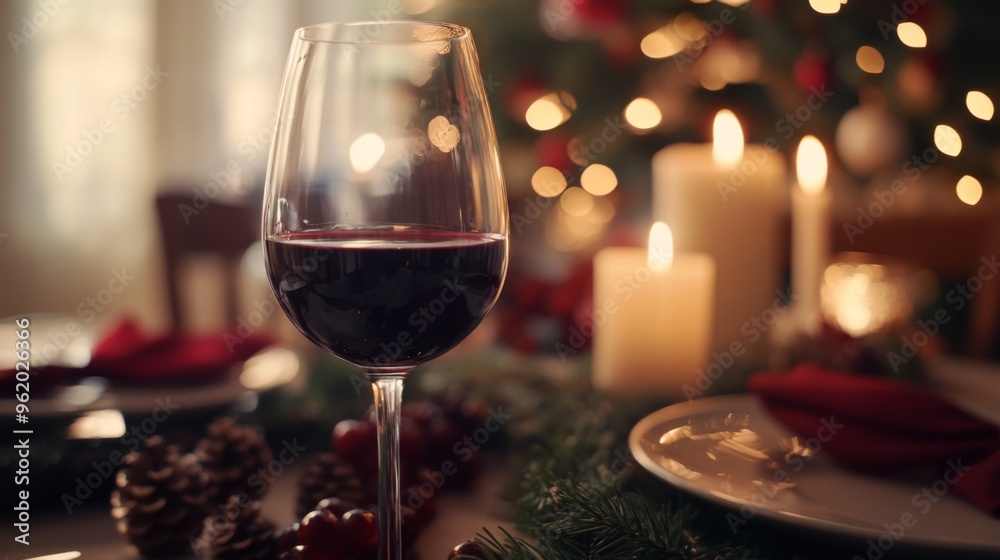 Poster close-up of a wine glass with a perfectly poured glass of red wine, with a backdrop of a festive din