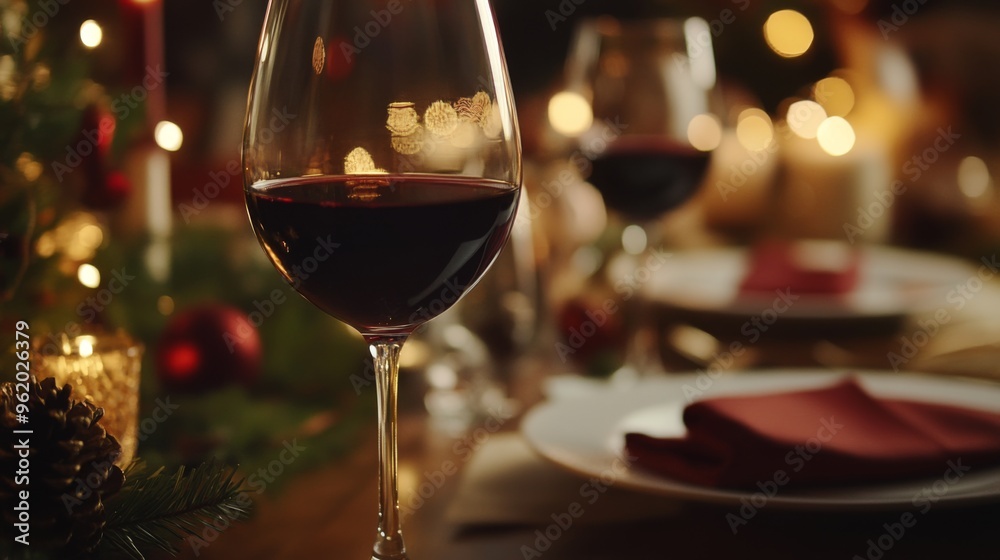 Poster close-up of a wine glass with a perfectly poured glass of red wine, with a backdrop of a festive din