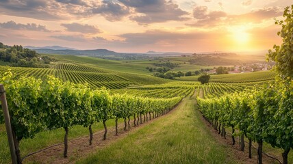 Naklejka premium A breathtaking sunset view over lush vineyards, highlighting rows of grapevines and rolling hills in serene countryside.